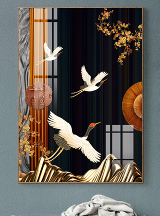 花朵和喜鹊新中式国潮中国风祥云仙鹤喜鹊装饰画模板