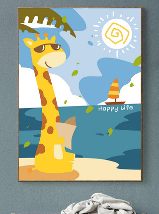 海滩儿童可爱动物装饰插画模板