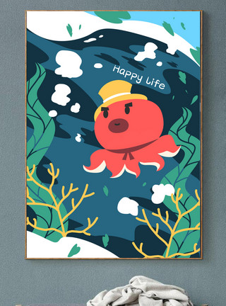小孩捉鱼可爱动物装饰插画12模板