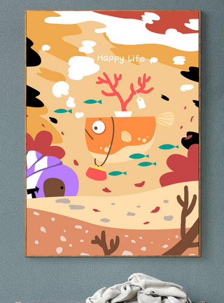 小孩捉鱼可爱动物装饰插画30模板