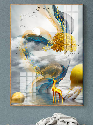 创意抽象边框原创轻奢意境水墨金色山水飞鸟玄关装饰画模板