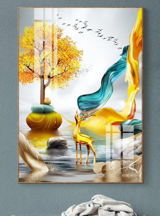 画边框素材原创轻奢意境水墨金色山水飞鸟玄关装饰画模板