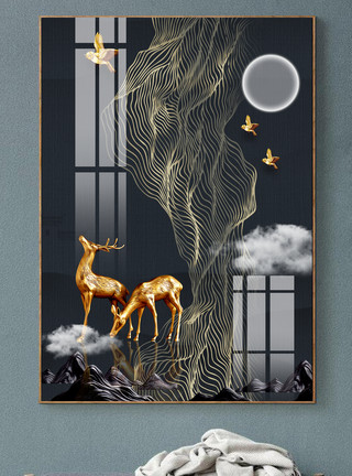 树线条鎏金宇宙深空线条黑夜麋鹿装饰画模板