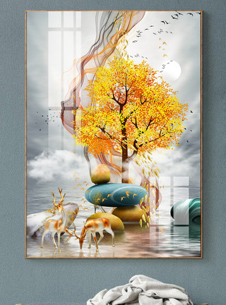 热气球抽象边框原创轻奢意境水墨金色山水飞鸟玄关装饰画模板