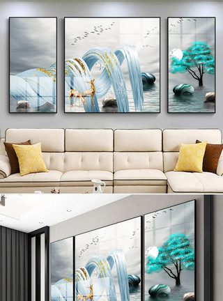 手绘创意树现代抽象三联客厅麋鹿金色树装饰画模板