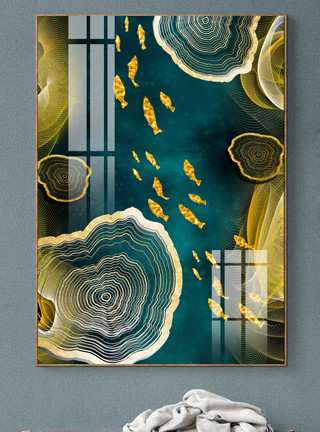 玄关图现代抽象金色线条九鱼图晶瓷画装饰画模板