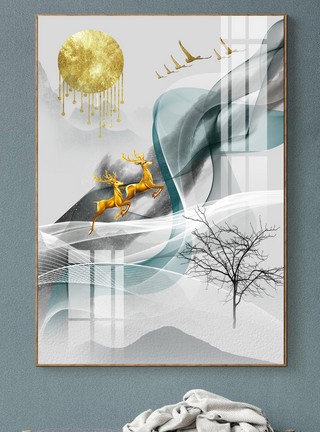 树屋酒店门口现代抽象意境风景山水艺术创意金箔装饰画模板