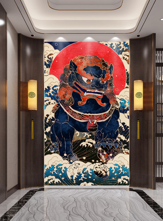 浮世繪中国风复古藏蓝色玄关装饰画模板