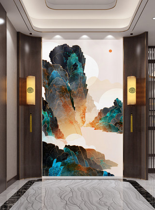 藏八宝2020年藏金色中国风山水大气装饰画玄关模板