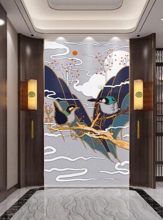 小瓷鸟素材金色中国风山水玄关装饰画模板