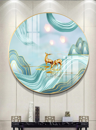 中国风灯笼装饰原创手绘轻奢小清新淡雅山水玄关装饰画模板