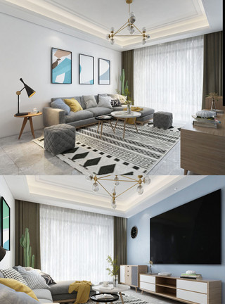 简欧客厅效果图2020年白色背景北欧家装客厅效果图设计模板
