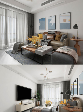 简欧客厅效果图2020年白色背景北欧风格家装客厅效果图模板