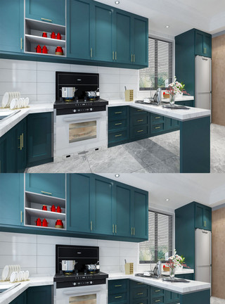 房模型北欧现代蓝色家居厨房设计模板
