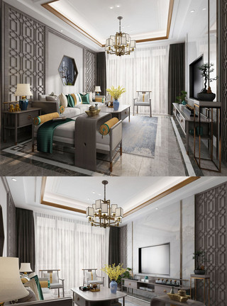 新中式客厅模型2020年新中式家居客厅场景设计模板