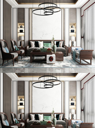 新中式客厅模型2020年新中式室内家居客厅空间设计模板