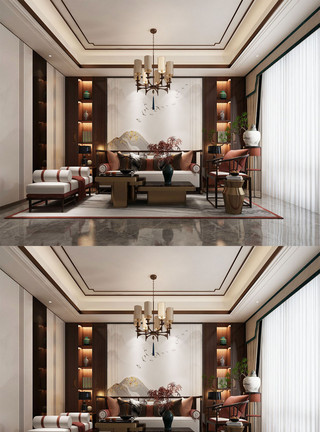 室内灯光背景2020年室内新中式客厅场景设计模板