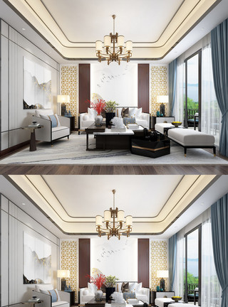 新中式客厅模型2020年新中式客厅家居场景设计模板