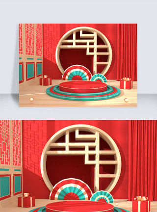 紧闭门窗红色喜庆中国古典风C4D背景美食电商促销模板