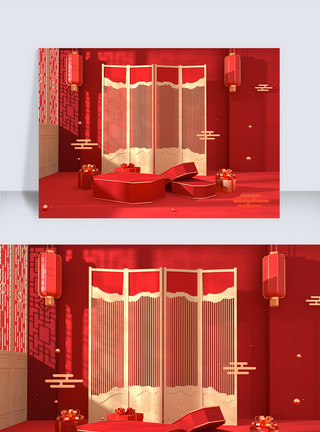 3d珠宝红色喜庆C4D中国风背景美妆珠宝素材灯笼模板
