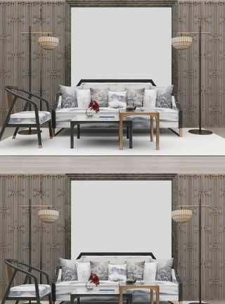新中式客厅模型木色新中式客厅家居样机设计模板