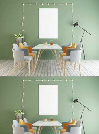 餐厅室内装修绿色背景餐桌餐厅样机设计模板