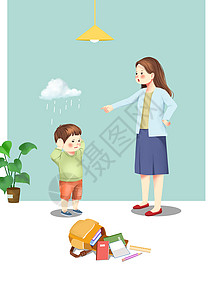 孩子不爱吃饭妈妈批评不爱学习的孩子简约插画插画