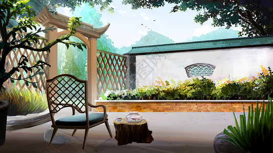午后时光中式乡村庭院场景插画图片