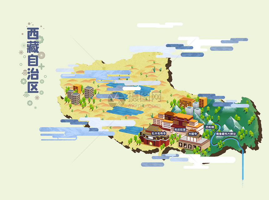 西藏旅游地图插画图片