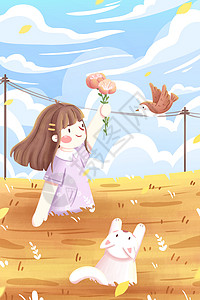 清新初秋女孩与猫插画背景图片