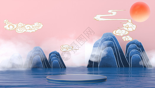 国潮风景插画大气中式展台背景设计图片