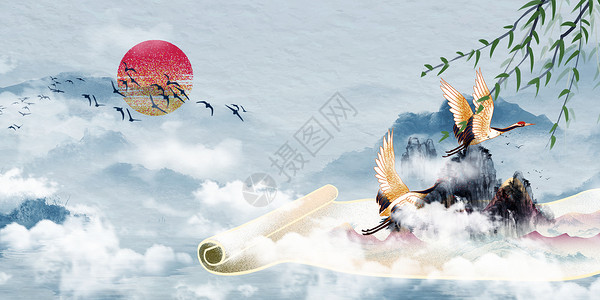 骑鸟卷轴国潮背景设计图片