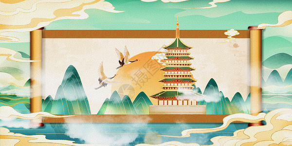 南昌地标寺庙卷轴国潮背景设计图片