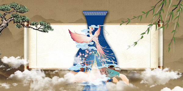 书画收藏中国风卷轴背景设计图片