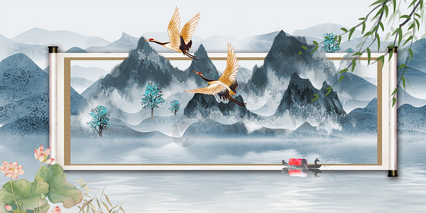 高清仙鹤素材中国风卷轴背景设计图片