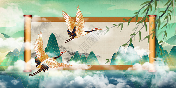 山川水墨中国风卷轴背景设计图片