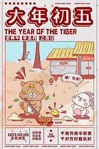新年草莓虎年日历插画海报大年初五插画