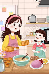 纸杯制作中秋节做月饼的母女插画