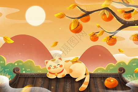 看夕阳猫素材秋天寒露柿子树下晒太阳的猫插画