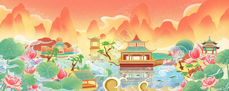 国潮风景长卷中国风国潮苏州城市园林插画插画