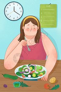 吃胖了减肥女孩吃减脂餐插画