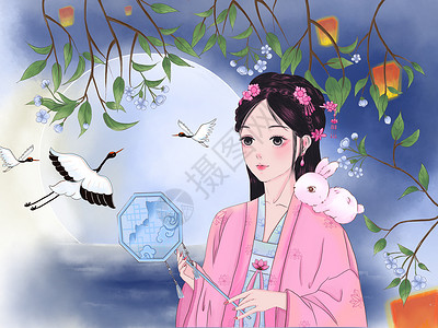 古风少女国朝中秋节玉兔仙鹤插画背景图片