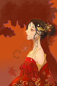 秋季美女红墙下的美人插画
