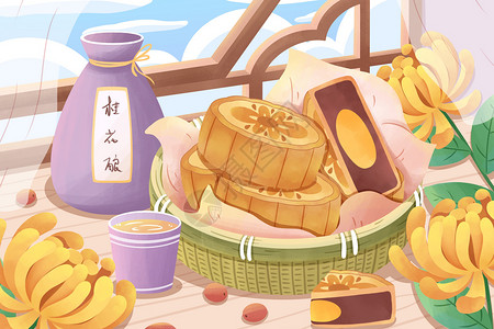 八月十五中秋节月饼插画图片