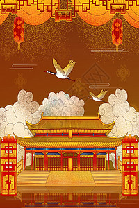 佛光寺大殿国潮喜庆灯笼大殿插画插画