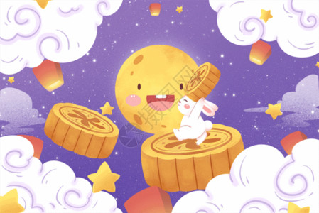 中秋玉兔和月饼中秋节清新卡通插画GIF高清图片