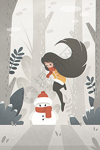 竖幅吊旗立冬节气女孩和雪人插画