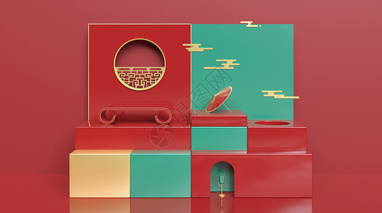 红色中式油纸伞国潮展台设计图片