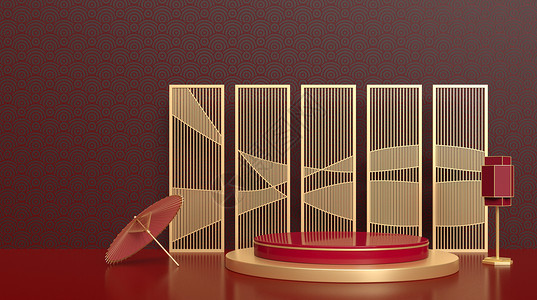 传统灯红金中式展台背景设计图片