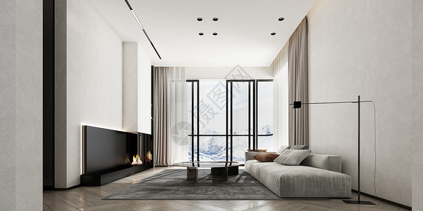 窗户雪景3D现代简约家居场景设计图片